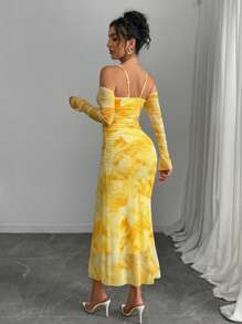 Rafferiza Đầm dài tay in họa tiết thanh lịch thả vai cho nữ - Màu vàng - Xem 2