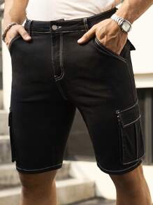 Manfinity Homme Men's Black Washed Denim Cargo Shorts, Streetwear Style Skinny Fit - Black - View 6
