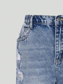 Sparklyn 时尚少女中长款水洗破洞松紧腰直筒休闲牛仔裤 - 中等水洗藍 - 查看 6