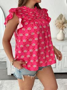 Franclia Plus Size Women's Chiffon Digital Print Cap Sleeve Casual Vacation Romantic Elegant Blouse