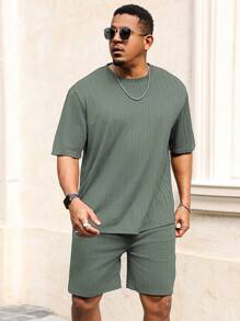Manfinity Homme Plus Size Men's Solid Color Short Sleeve T-Shirt & Shorts Set, Fashionable For Summer - Green - View 3