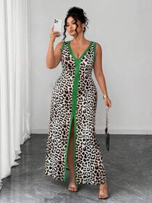 Elenzga Plus Size Leopard Print Sleeveless Deep V-Neck Low Waist Bodycon Asymmetric Collar Dress Women Dresses Birthday Women Casual Dress Women S Clothes Woman S Summer Clothes Women Summer Clothing - Multicolor - View 3