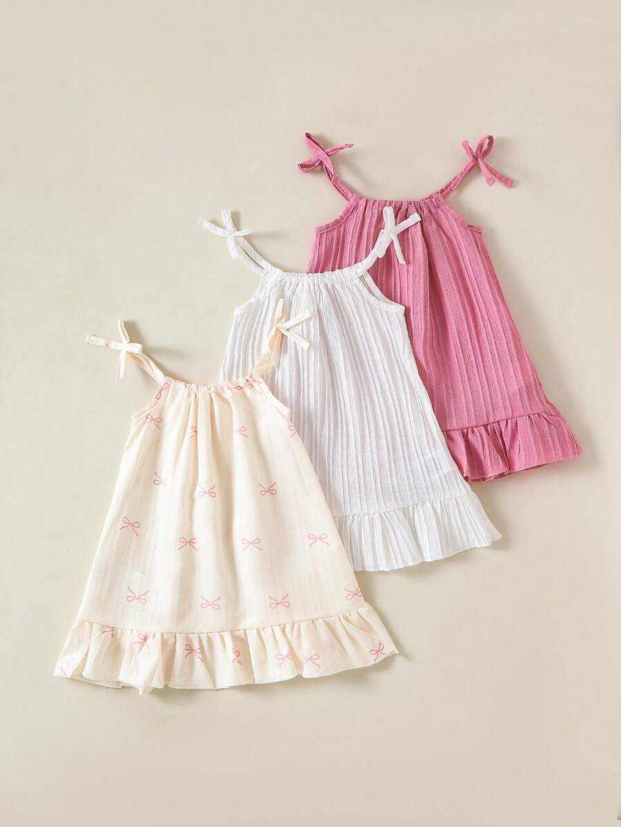 SHEIN 3pcs/Set Girls Summer Dresses, Bow Strap Solid & Striped Casual Dress Outfits, Suitable For Daily Wear, Girls-Exclusive Dresses - Multicolor - View 1