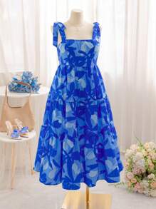 Soleia Plus Size Women Floral Print Tie-Up Strap Maxi Dress, Suitable For Vacation, Graduation, Back To School, Fall Season
