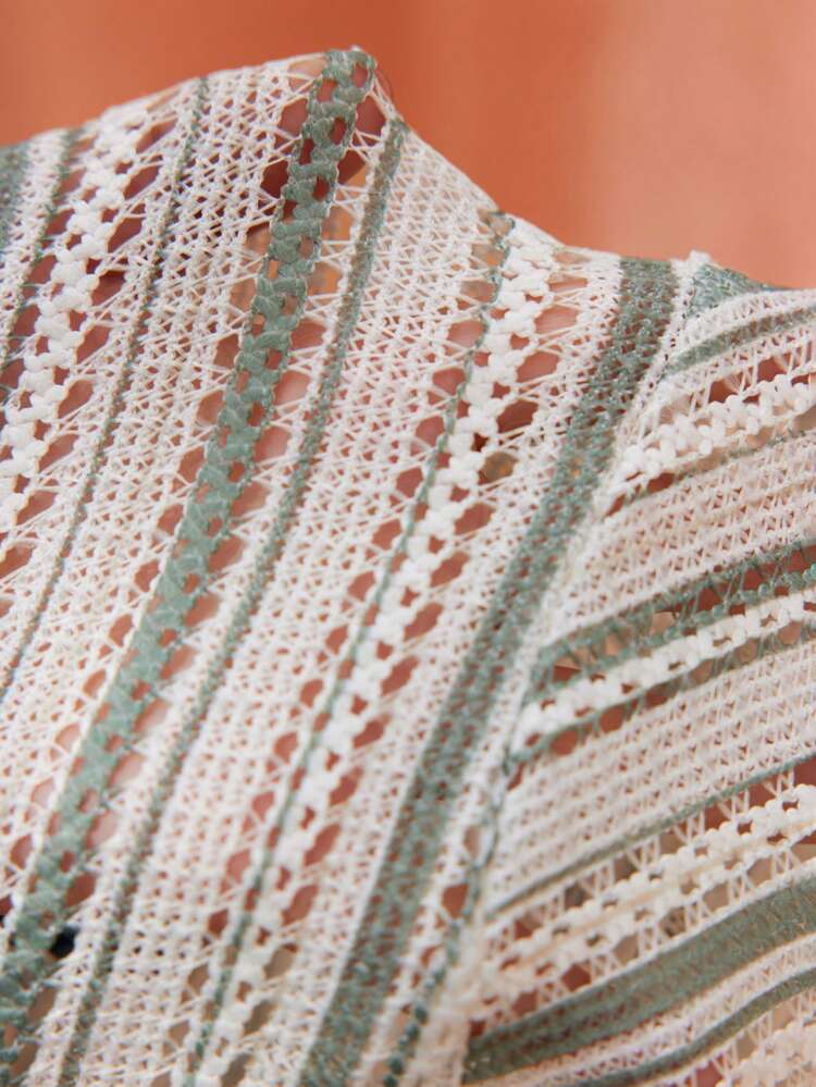 SHEIN Maija 2025 Summer New Green & White Striped Hollow-Out Knit Fabric Pants With Elastic Waist, Drawstring Tie Closure, Side Pockets For Men, Suitable For Beach, Music Festival, Independence Day, Business, Casual, Wedding Guest, Daily Wear