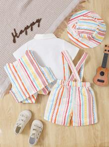 4pcs Infant Boys' Cute Bohemian Gentleman Outfit Set,White Shirt,Printed Vest,Bib Shorts&Sun Hat,Summer Holiday,Vacation Party Outdoor,Elegant Style - Multicolor - View 2