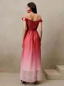 Anewsta 女式优雅渐变色蕾丝网眼2025新款褶皱腰修身长下摆连衣裙，春夏优雅节日度假 - 酒紅色 - 查看 2