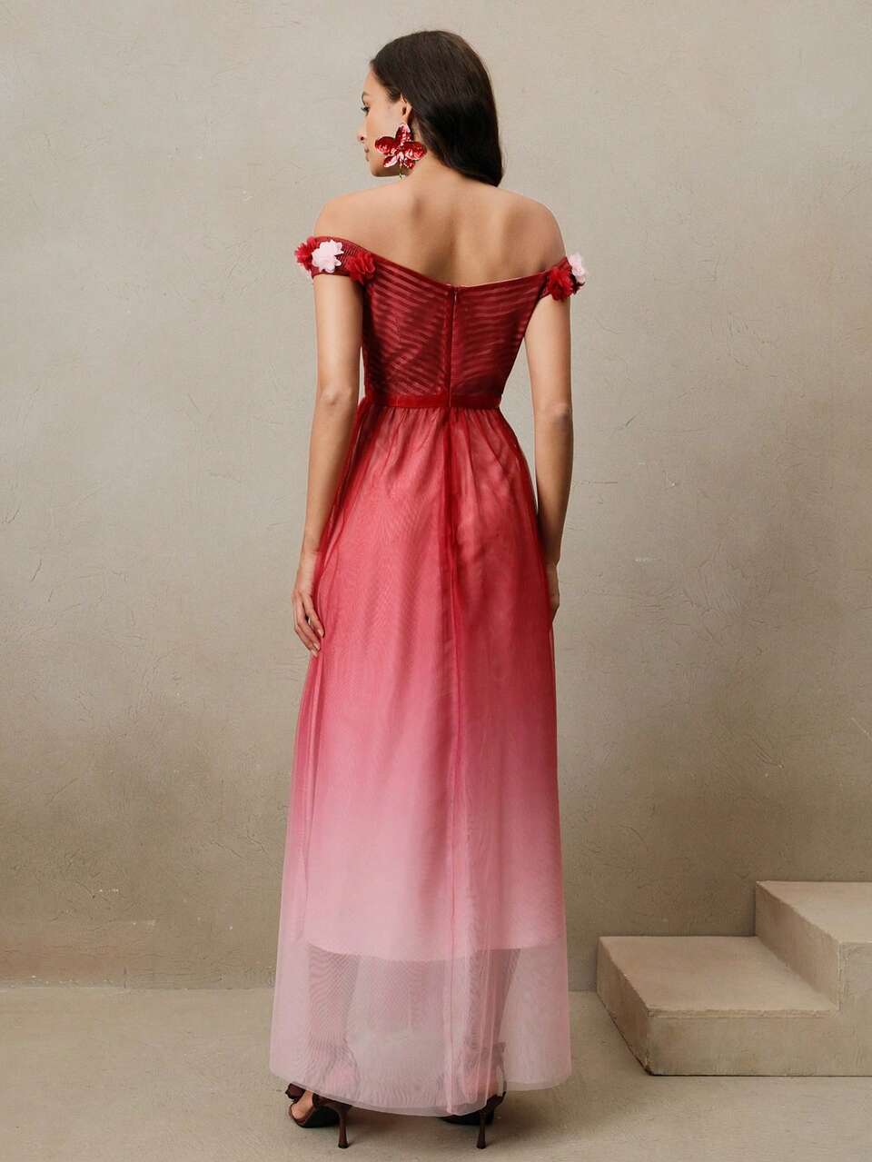 Women's Elegant Ombre Lace Mesh 2025 New Design Ruched Waist Slimming Long Hem Dress, Spring, Summer, Elegant, Festival, Holiday