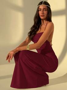 Aloruh Elegant Solid Color Sexy Backless Tie Design Sleeveless Formal Gown Beach Summer Dresses For Women - Burgundy - View 4