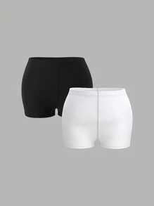 SHEIN BASICS 2pcs Solid Color Knitted Mid-Waist Tight Fit Workout Shorts For Plus Size - Black and White - View 1