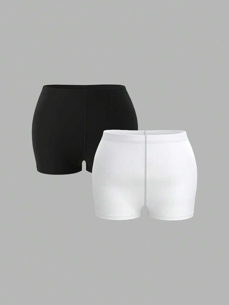 SHEIN BASICS 2pcs Solid Color Knitted Mid-Waist Tight Fit Workout Shorts For Plus Size - Black and White - View 1