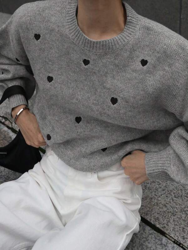 DAZY New Autumn Heart Decor Loose Casual Women Sweater,Three Quarter Sleeve Tops Thermal Lined