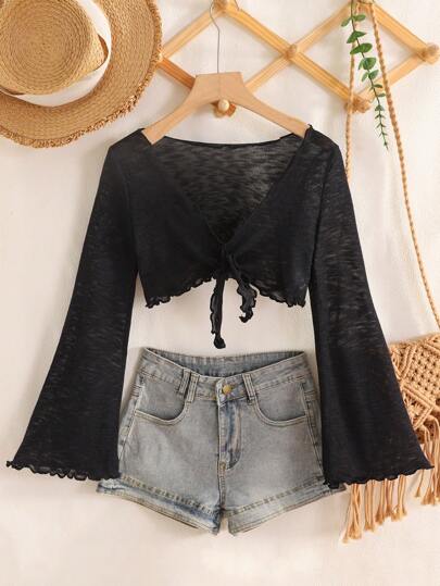 SHEIN Tween Girls' Casual Versatile Tie-Knot Hem Flared Long Sleeve Kimono Cardigan