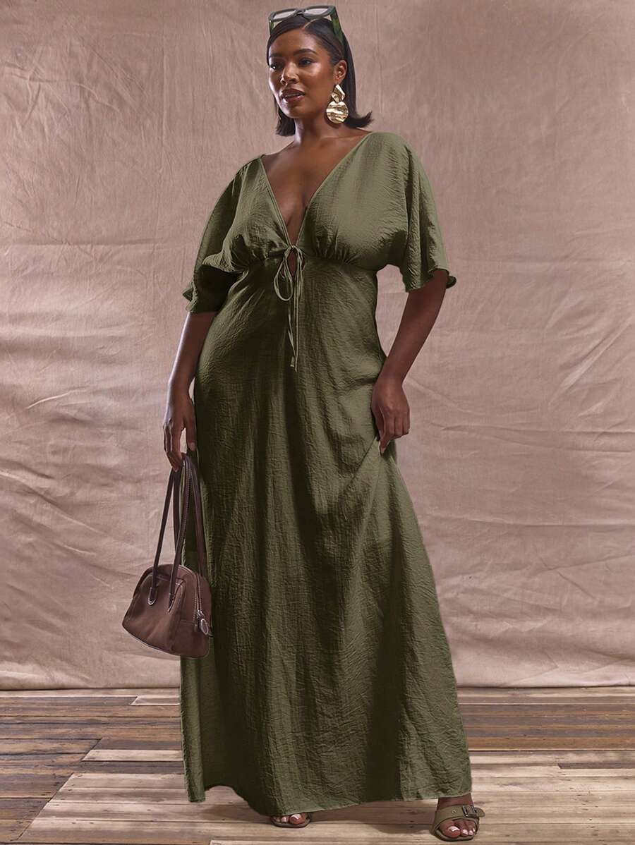 MUSERA Vestido largo de verano con cuello en V, mangas cortas y lazo frontal, talla grande, diseño elegante y lindo para vacaciones, ocasiones especiales y estilo de Ibiza