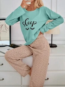 RueChic 100% Cotton 2Pcs Eye&Heart Printed PJ Set - Mint Blue - View 1