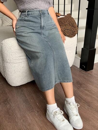 Dazy Plus Plus Size Vintage Washed-Out Blue Distressed A-Line Denim Skirt Jeans Skirt Fall/Winter