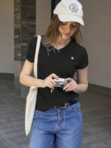 Jouncy T-shirt à manches courtes et col en V pour femme, couleur unie, à la mode pour l'été - Noir - Voir 7