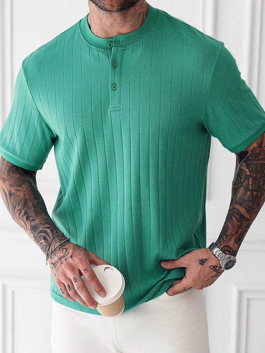 Manfinity Homme Men's Short Sleeve Stand Collar POLO Shirt, Minimalist & Fashionable, Suitable For Summer Polo Shirts For Men Collar - Green - View 1