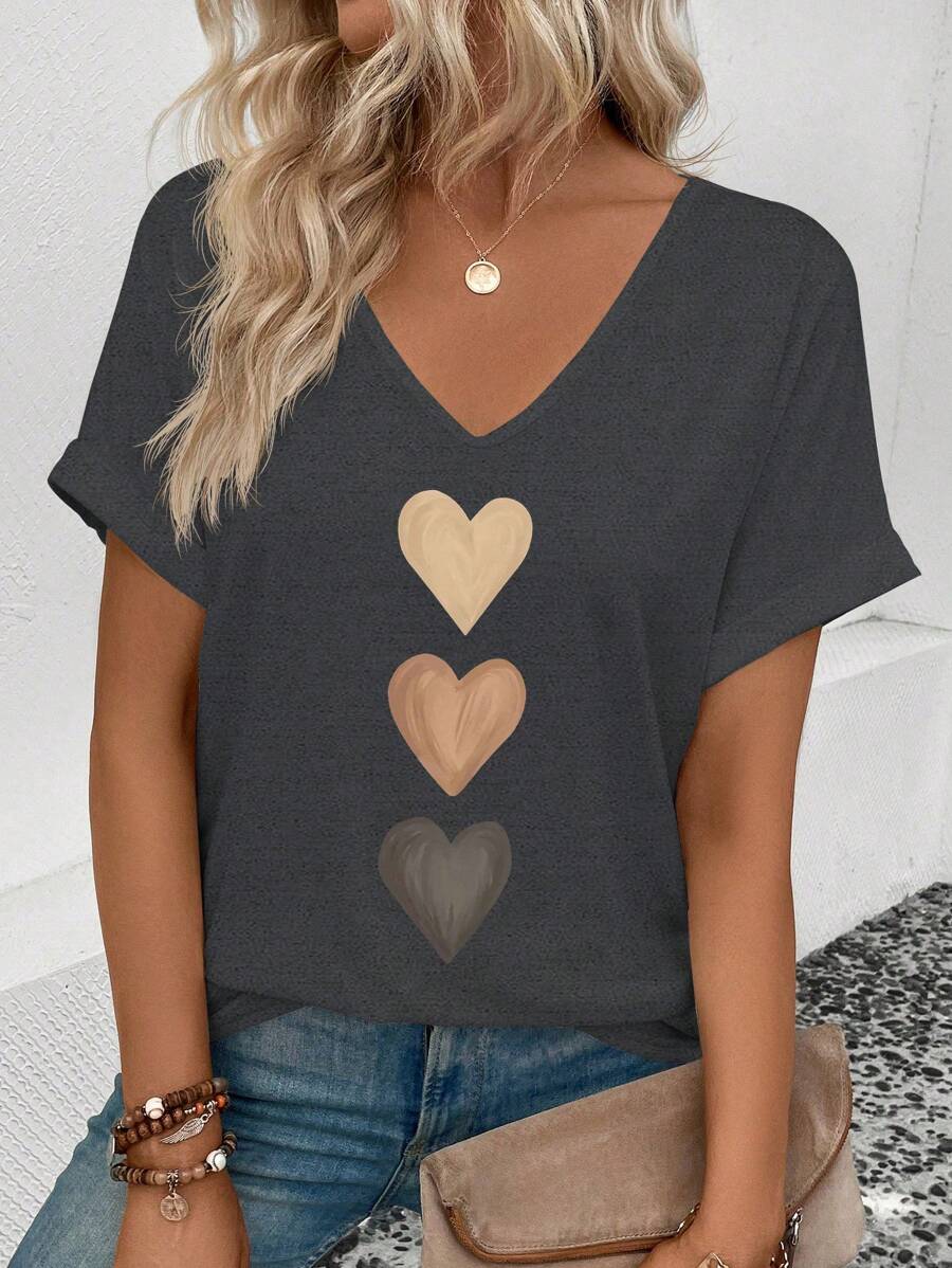 SHEIN Women's Spring/Summer V-Neck Ruffle Cuff, Ombre Heart Graphic Casual & Versatile T-Shirt - Dark Grey - View 1