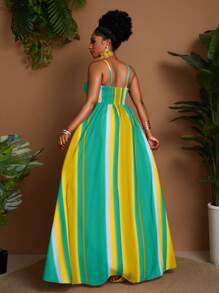 Maweii Plus Size Women's Striped Waist Cinching Maxi Strap Dress - Green - View 6
