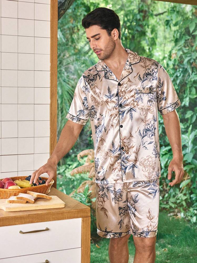 Men's Floral Faux Silk Short Sleeve Shorts Pajama Set Pajama Sets For Couples - Apricot - View 2
