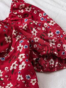 Sweetra 大码女式碎花荷叶边袖上衣和迷你裙两件套 - 酒紅色 - 查看 4
