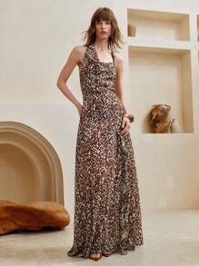 SHEIN LUNE Damen Chiffon Rüschensaum. Böhmischer Vintage-Druck, asymmetrisches Schlitzdesign, Neckholder-Rückenloses Maxikleid, Sommer, Urlaubsoutfits Frau, Urlaubskleid