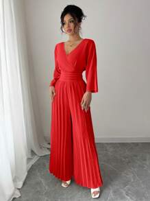 Rafferiza 女士纯色长袖连体裤，夏季时尚 - 紅色 - 查看 7