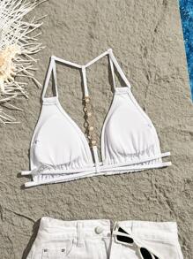 Swim Vcay 纯色吊带露背装饰性感时尚泳衣上衣 - 白色 - 查看 6
