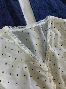 Women's Contrast Lace Polka Dot Print Button Single Breasted Capped Sleeve T-Shirt