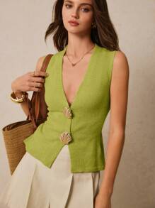 Poéselle 女士金属外壳V领无袖薄款开衫 - 綠色 - 查看 4