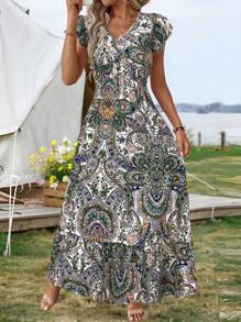 SHEIN LUNE Váy nữ họa tiết Paisley, eo cao, viền thấp, dây rút, thích hợp cho kỳ nghỉ/nghỉ dưỡng, trang phục lễ hội rave xuân/hè - trắng - Xem 3