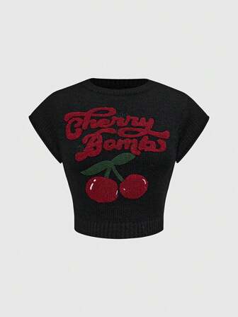 Kawaii Suéter de mujer con cuello alto, mangas farol y bordado de cerezas, estilo casual y puro
