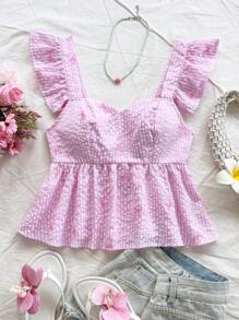 Soleia 女士甜美条纹刺绣蝴蝶结荷叶边荷叶边短袖衬衫，适合海滩度假、约会、下午茶、音乐节、波西米亚风、春夏季