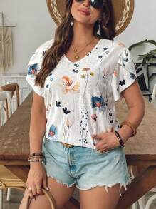 SHEIN VCAY Maglietta casual da donna taglie forti con stampa floreale, inserti in pizzo e maniche corte