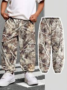 SHEIN 青少年男孩休闲迷彩印花工装裤 - 灰色 - 查看 1