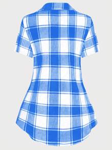 SHEIN LUNE 大码女式夏季格子拼布短袖休闲T恤（二合一设计）图案T恤女式上衣 - 彩色 - 查看 2