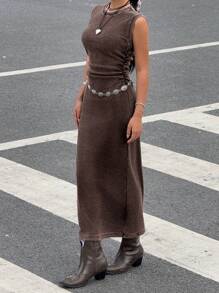 Muchica Brown Knitted Retro Distressed Acid-Washed Sleeveless Dress For Women