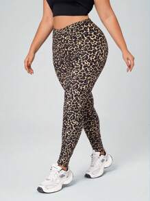 SHEIN Essnce Plus Size Women Leopard Print Soft & Stretchy Denim Leggings, Summer - Brown - View 5