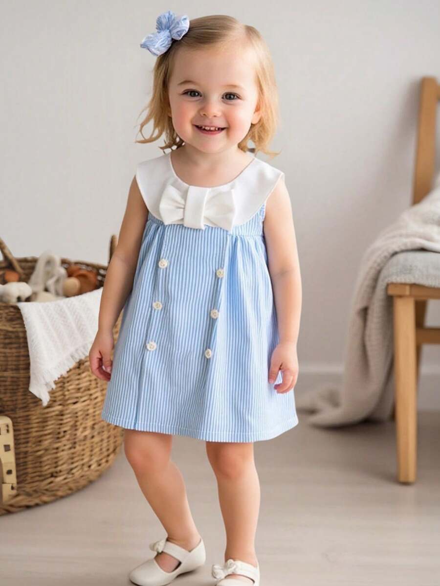 SHEIN 女婴休闲日常蓝色条纹舒适百搭连衣裙，适合外出和居家穿着