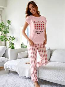 RueChic Ensemble de pyjama court à manches courtes avec slogan et motif à carreaux, avec masque pour les yeux, pour femmes