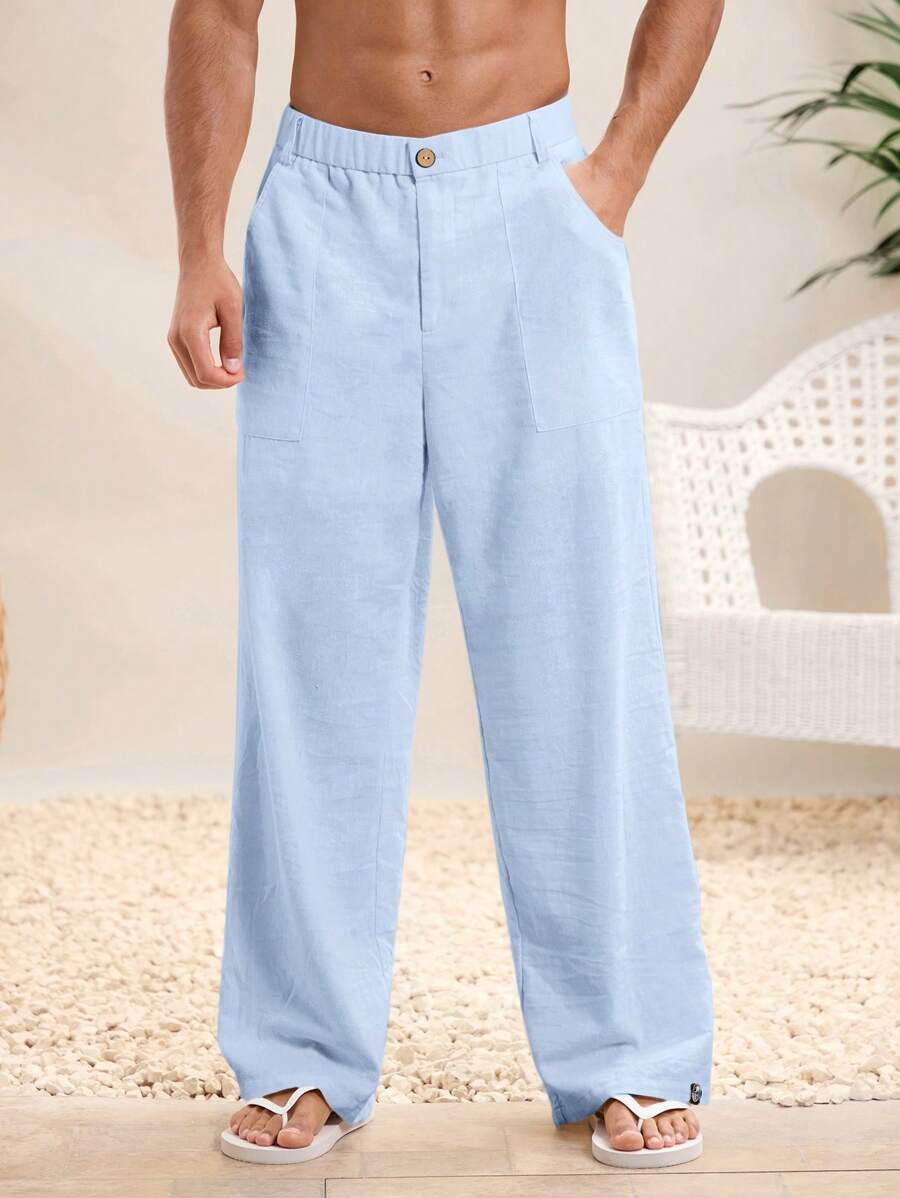 Manfinity VCAY Quần vải lanh rộng thùng thình, nhẹ, dệt kim, mặc đi biển mùa hè cho nam - Màu xanh bạc hà - Xem 1