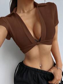 SHEIN EZwear Women's Twist Sheer Shirt, Fashion Design Suitable For Summer - Coffee Brown - View 5