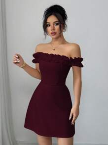 Elenzga Off Shoulder Ruffle Trim Cinched Waist Romantic Women Dress
