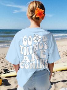 SHEIN Good Things Are Coming, Vacation Style, Slogan Print, Casual Minimalist Short Sleeve T-Shirt For Teen Girls, Suitable For Summer - Blue - View 3