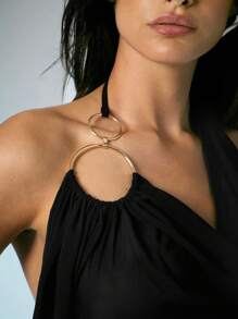 Denimoi 春夏性感露背链条装饰低胸无袖短款外出上衣音乐节沙滩链条上衣露背上衣性感上衣时尚夏季上衣度假上衣度假演唱会夜店雪纺上衣 - 黑色 - 查看 2