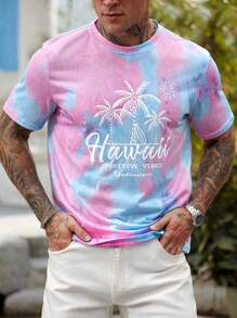 Manfinity RSRT Men Summer Sports Leisure Colorful Tie-Dye Coconut Tree Printed Round Neck Short Sleeve T-Shirt, Suitable For Outdoor, Home, Dating, Beach, Funny T-Shirt, Summer, Men Gifts, Oversized Beach T-Shirt, Hawaiian T-Shirt, Versatile - Multicolor - View 3