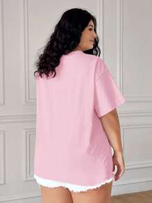 Solflare Plus Size Blue Daisy Embroidered Casual Short Sleeve T-Shirt, Spring Summer Clothes - Pink - View 2