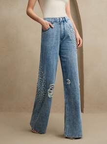 Anewsta 新款时尚闪亮钻石装饰做旧蓝色直筒牛仔裤，适合情人节和派对穿着 - 藍色 - 查看 7