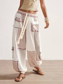Bohemela Pantalones de pierna ancha de punto remiendados de cintura baja estilo boho casual de vacaciones para mujeres